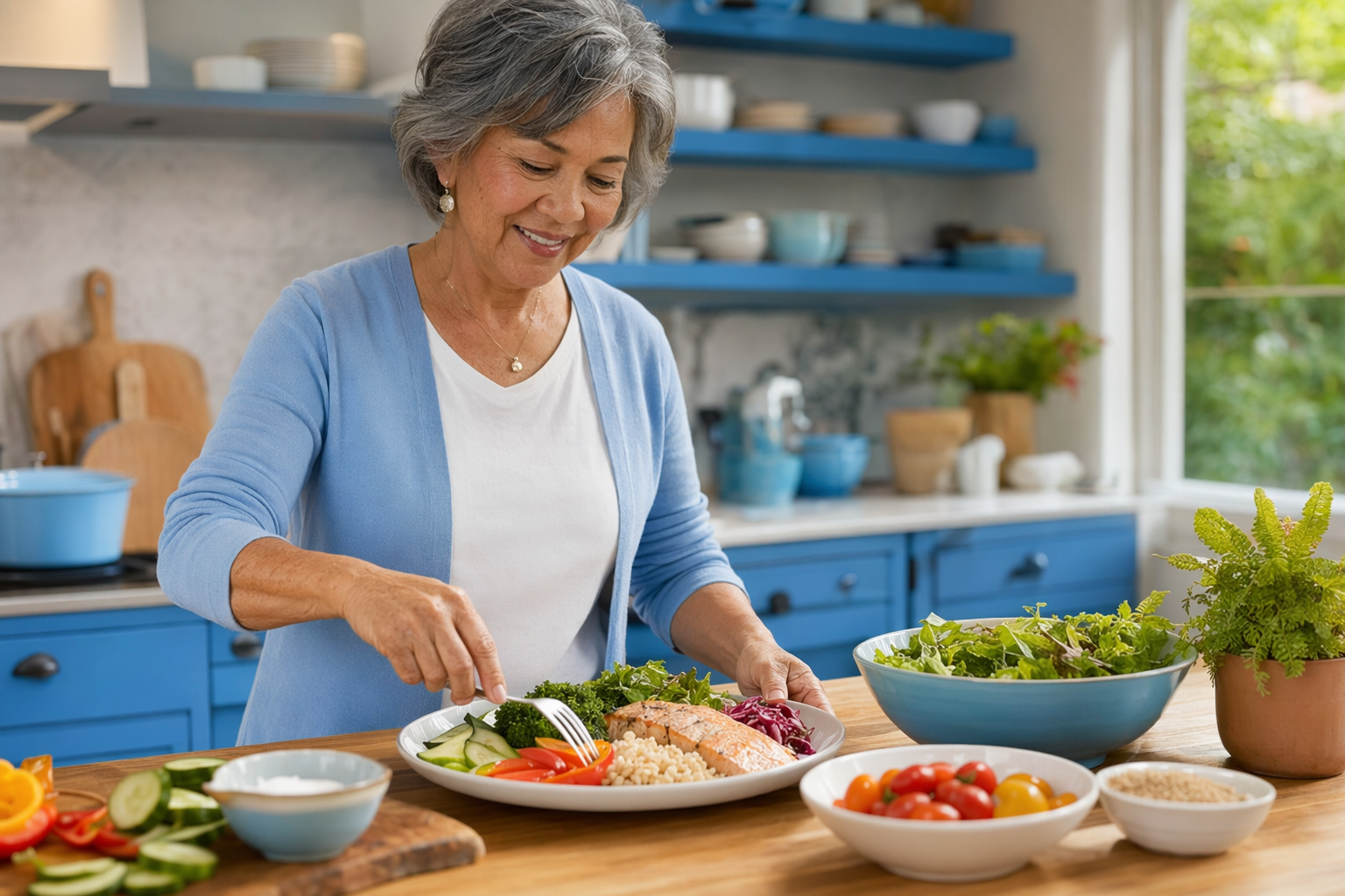 An older adult preparing a healthy, balanced meal at home