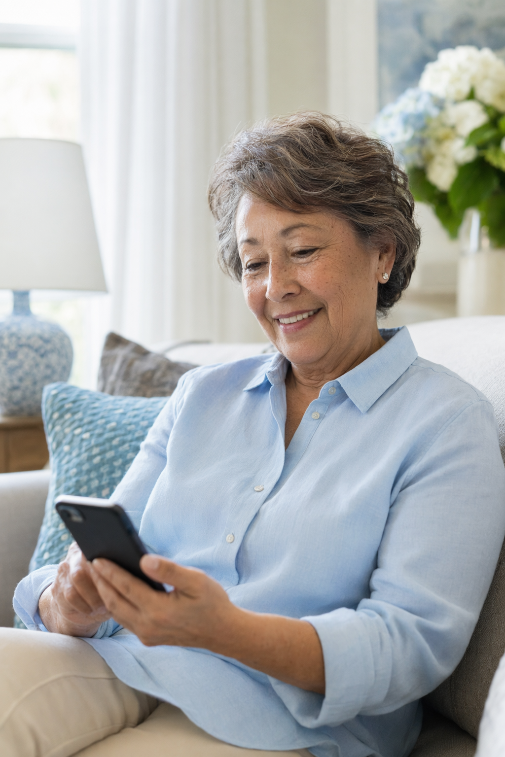 An older adult smiling while using the Unika Health app at home