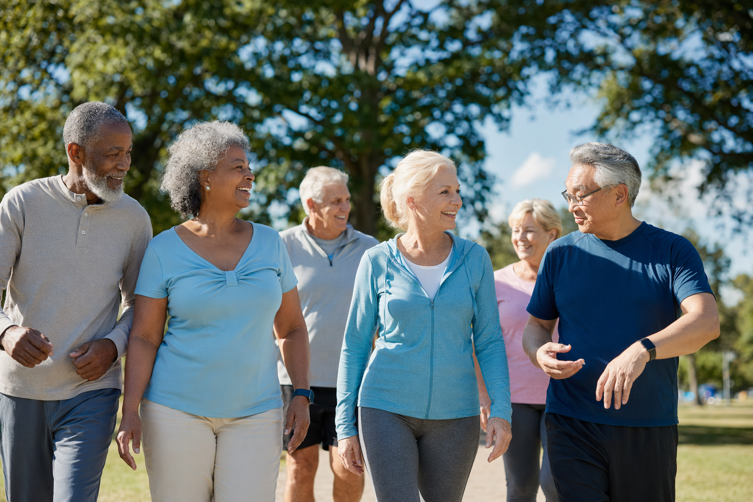 Older adults taking a brisk walk together outdoors on a sunny day